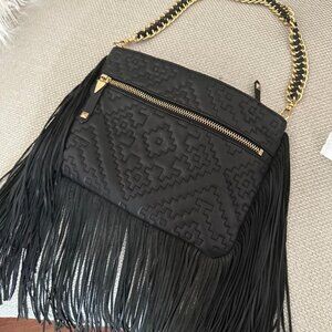 Brian Atwood Black Leather Fringe clutch bag.